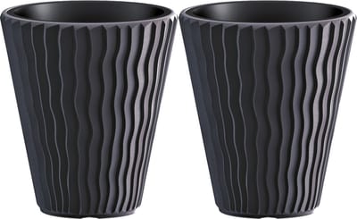 Prosperplast Plantenpot/bloempot Sand Waves - 2x - buiten/binnen - kunststof - antraciet - D35 x H38 cm - met binnenpot