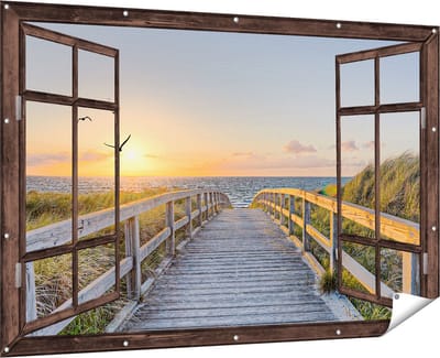 Gards Tuinposter Doorkijk Voetpad met Zee en Vogels - 180x120 cm - Tuindoek - Tuindecoratie - Wanddecoratie buiten - Tuinschilderij