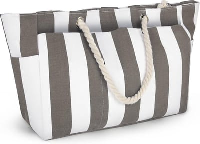 Strandtas XXL familie badtas groot met ritssluiting shopper dames grote strandtas heren strandtas eenvoudige strandtas, blauw en wit strepen, grijs