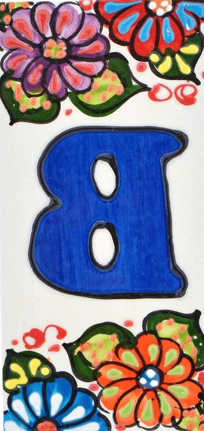 Huisnummer Tegel - Adrescijfer Keramiek - Huisadres Aangeven - Handgeschilderd Cuerda Seca - 14.5 cm x 7 cm - Letter B