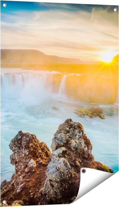 Gards Tuinposter Watervallen bij Zonsondergang - 60x90 cm - Tuindoek - Tuindecoratie - Wanddecoratie buiten - Tuinschilderij