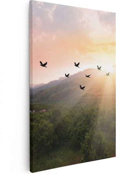 Artaza Canvas Schilderij Zonsondergang - 20x30 cm - Klein - Wanddecoratie Bergen - Muurdecoratie Vogels - Kamer Accessoires Natuur