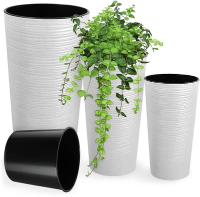 KADAX Bloempot met houtspaanders, elegante bloempot met uitneembare inzet, bloempotbescherming voor kantoor, bloembak, tuinschaal (3-delige set: 19/25/30 cm, wit)