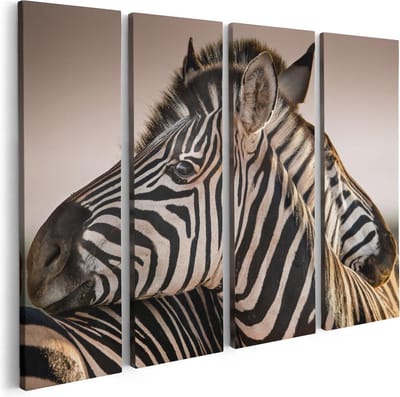 Artaza Canvas Schilderij Vierluik Twee Knuffelende Zebra's  - 80x60 - Foto Op Canvas - Canvas Print