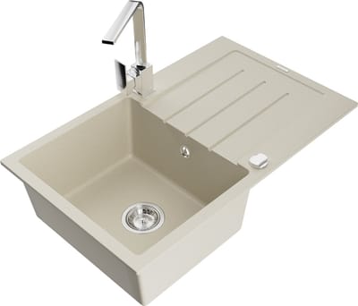 Mexen Bruno granieten spoelbak 1-komors met afdruiprek en keukenmengkraan Rita, beige - 6513-69-670300-00