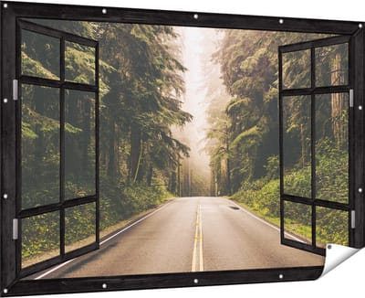 Gards Tuinposter Doorkijk Highway in Californië Omring met Bos - 180x120 cm - Tuindoek - Tuindecoratie - Wanddecoratie buiten - Tuinschilderij