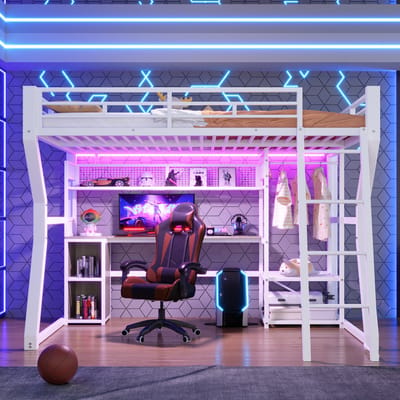 VVBV Ruimtebesparende Hoogslaper 140x200 cm met Planken, Bureau - LED-Verlichting - Metaal Wit - Zonder Matras