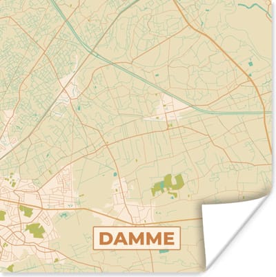Poster Damme - Vintage - Plattegrond - Stadskaart - Kaart - 100x100 cm XXL