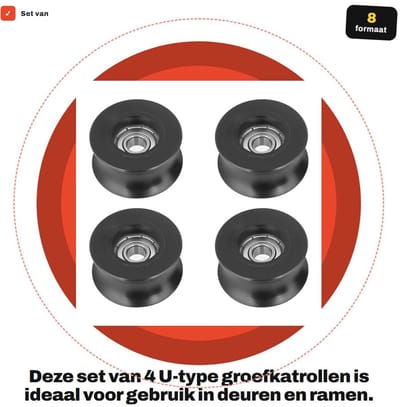 Dailygoods- Groefkatrol U-type 8 mm binnendiameter - 4 stuks - Rolgeleider - Wentellager - Zwart - Sterk draagvermogen - Katrol