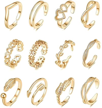 Teenringen voor dames, open verstelbare bandringen, sieradenset, goud, 12 stuks, Brons, M