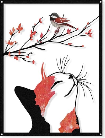 Muurdecoratie van Metaal voor Thuis, Silhouet van Kat en Vogel op Tak, Hangende Decoratie voor Woonkamer en Dierenliefhebbers