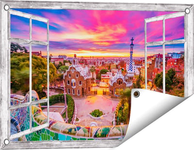 Gards Tuinposter Doorkijk Park Güell Uitzicht op Barcelona - 60x40 cm - Tuindoek - Tuindecoratie - Wanddecoratie buiten - Tuinschilderij