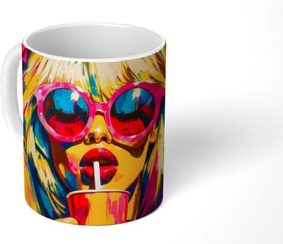 Mok - Koffiemok - Zonnebril - Roze - Vrouw - Rietje - Mokken - 350 ML - Beker - Koffiemokken - Theemok
