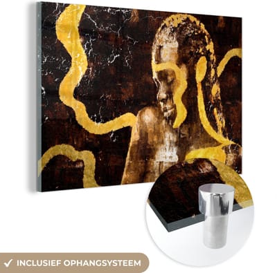 MuchoWow® Glasschilderij 60x40 cm - Schilderij acrylglas - Vrouw - Zwart - Goud - Foto op glas - Schilderijen
