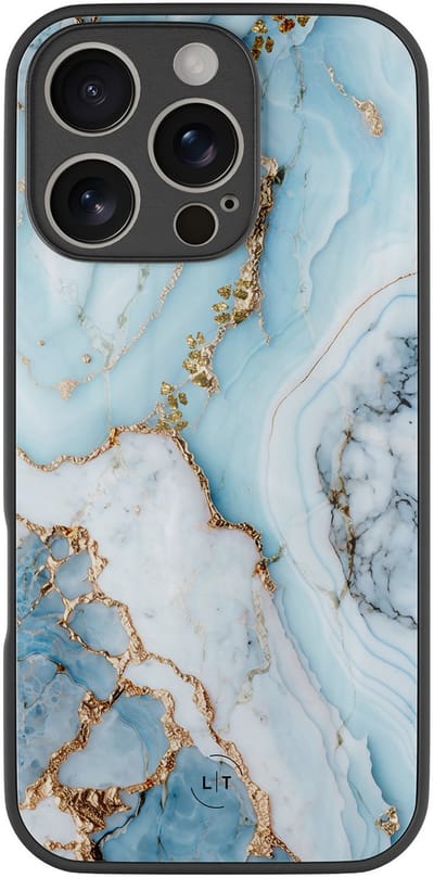 Hoesje geschikt voor iPhone 16 Pro - Marmer babyblauw - Luxe Glazen Hardcase - Marmer - Blauw - Leuke Telefoonhoesjes