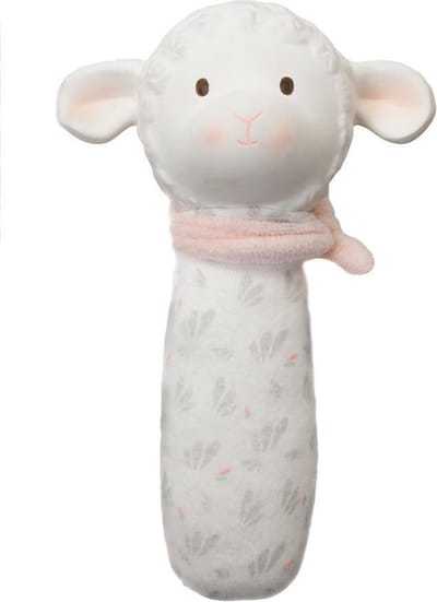 Tikiri Lila & Lucas: Lammetje LILA - SQUEAKER met hoofdje in natuurlijk rubber 16cm, roze, op kaart, 0+