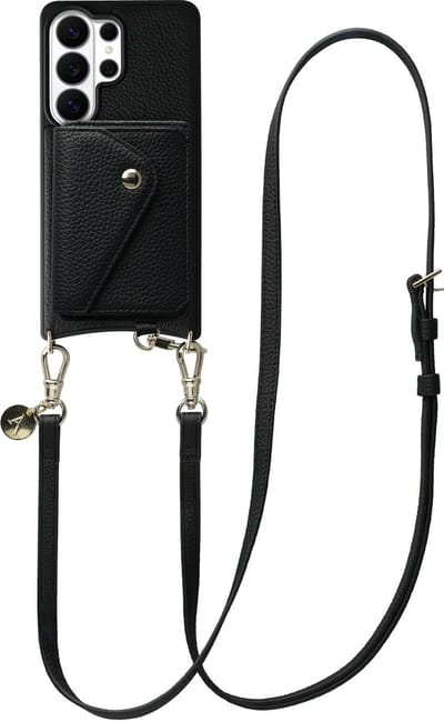 AVY Leren Hoesje geschikt voor Samsung Galaxy S26 Ultra | Met Koord en Magnetische Kaarthouder | Compatibel met MagSafe | Leather Case met 130CM Koord & Wallet | Long Leather | Zwart