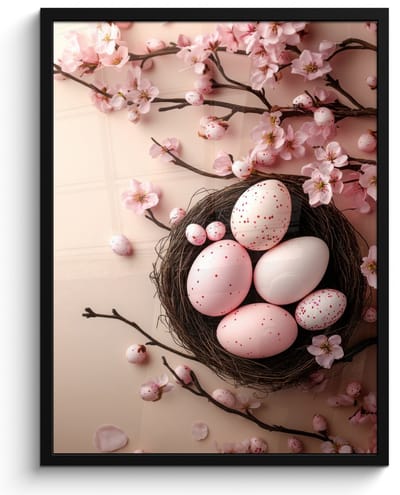 Poster in lijst - Fotolijst 50x70 cm - Posters - Roze - Bloesems - Eieren - Posterlijst zwart - Decoratie - Wanddecoratie woonkamer - Muurdecoratie slaapkamer