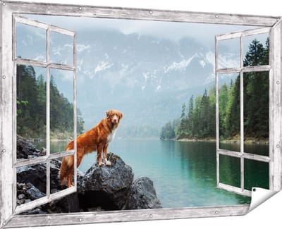 Gards Tuinposter Doorkijk Retriever Hond bij het Water in de Bergen - 180x120 cm - Tuindoek - Tuindecoratie - Wanddecoratie buiten - Tuinschilderij