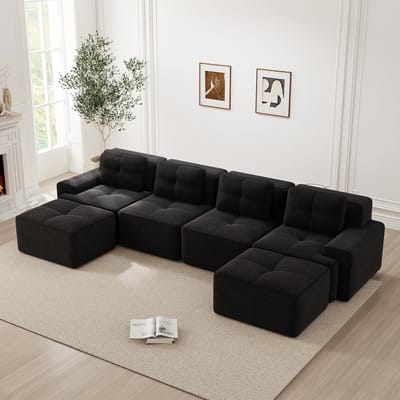 MODENUIT U-Bank 4-Zits - Modulair Diepzit Sofa Met Chaise Longue - Voor Woonkamer En Lounge - Cord Zwart