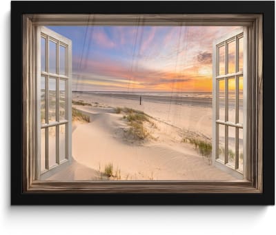 Poster in lijst - Fotolijst 40x30 cm - Posters - Doorkijk - Strand - Duinen - Natuur - Landschap - Posterlijst zwart - Decoratie - Wanddecoratie woonkamer - Muurdecoratie slaapkamer
