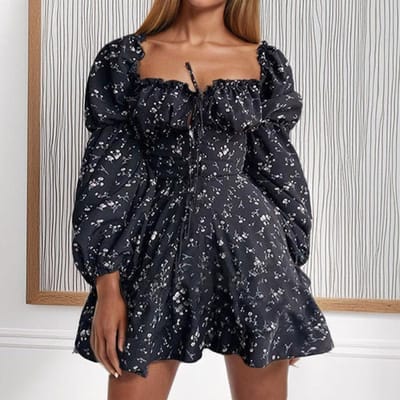 Nieuwe Lente Dameskleding met Sexy Bloemenbandjes A-lijn Taille-omsluitende Jurk 2XL black