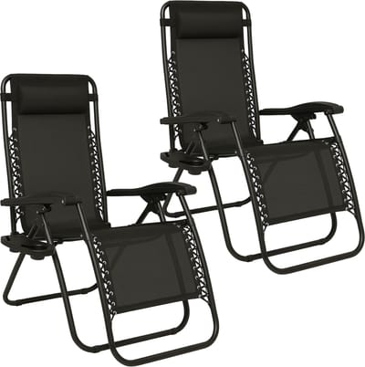 Brixy Opvouwbare Tuinstoelen set van 2 - Ligstoelen - Opvouwbaar - Verstelbaar - Ergonomisch Hoofdkussen - Metaal - Textileen - Zwart