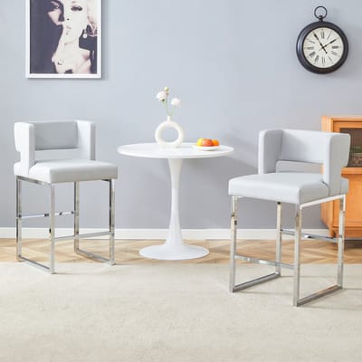 MODFU Barkruk set van 2, PU kunstleer lichtgrijs, zilverkleurige metalen poten, Scandinavisch
