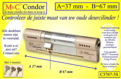 M&C Condor - High Security deurcilinder - SKG*** - 37x67 mm - Politiekeurmerk Veilig Wonen  -  inclusief gereedschap montageset