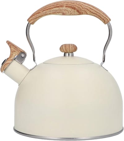 Waterkoker met Fluitje - Thee Ketel - Water Koken - Hout Handvat - 2.5 Liter - Beige