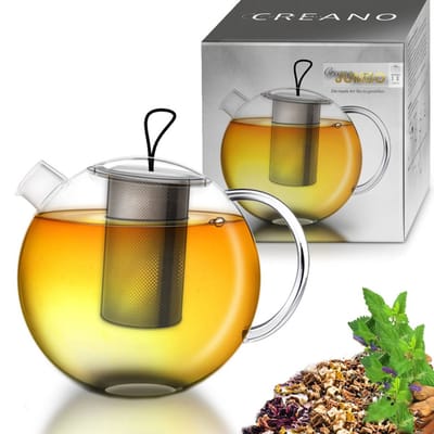 Creano theepot "Jumbo" van glas, 3-delige glazen theepot in theepotset met geïntegreerde roestvrijstalen zeef & glazen deksel, multifunctionele design glazen theepot, all-in-one, 1,0l