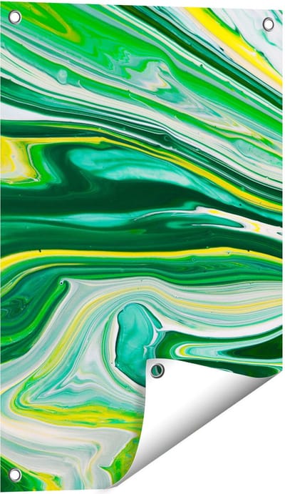 Gards Tuinposter Abstracte Kunst - Groen met Gele Verf - 40x60 cm - Tuindoek - Tuindecoratie - Wanddecoratie buiten - Tuinschilderij