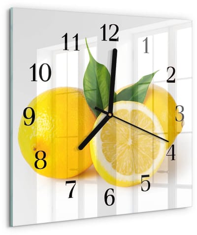 Tulup Wandklok - Citroenen Moderne Wandklok Glas - 30x30 cm - Geel Wandklok Glas Decoratie - Zwarte Handen - Vierkante Wandklok - Decoratieve Glazen Klok - Glazen Wandklok Design