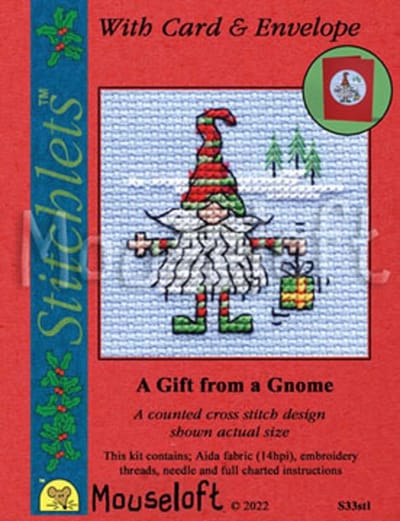 Borduurpakketje Mouseloft - A Gift from a Gnome - Een kadootje van een kabouter - telpatroontje geschikt voor kaarten