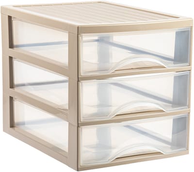 Plasticforte Ladekastje bureau organizer - 3 lades - beige/transparant - L26 x B35 x H27 cm - kunststof