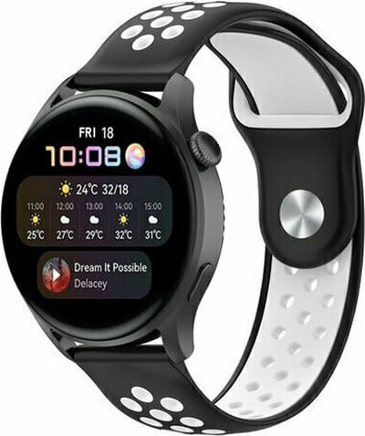 By Qubix - 22mm - Sport Edition siliconen band - Zwart + wit - geschikt voor Huawei Watch 3 / 4 / 5 (pro) - 46mm & geschikt voor Huawei Watch GT / GT 2 / GT 3 (pro) / GT 4 (pro) / GT 5 (pro) / GT 6 (pro) 46mm / Ultimate / Ultimate 2