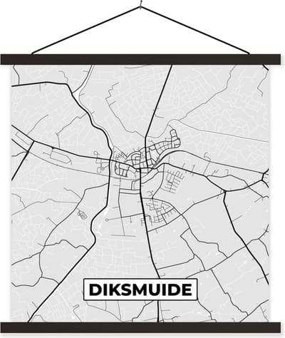 Posterhanger incl. Poster 60x60 cm - Schoolplaat - Kaart – Plattegrond – Stadskaart – Diksmuide – België – Zwart Wit - Textielposter - Zwarte latten - Stadskaart