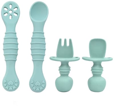 2 Setjes - Siliconen Baby Bestekset – 2 Sets Kinderbestek (Groot & Klein) – Peuterbestek - Babyservies - Ergonomische Greep – BPA-vrij – Mintgroen – Vanaf 6 Maanden
