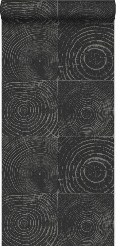 Origin Wallcoverings behang dwarsdoorsnede boomstam mat zwart en zilver - 347544 - 53 cm x 10,05 m