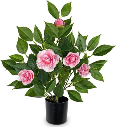Realistische kunstmatige camelia-bloemplant in pot, 45 cm faux plant met groene bladeren voor binnendecoratie, thuiskantoor en tafelblad