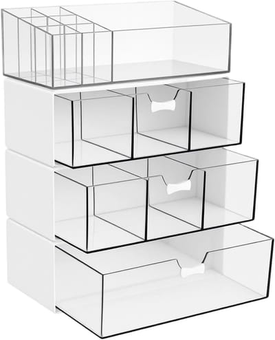 Cosmetica Organizer - Make-up Opberger - Badkamer Organiseren - Stapelbaar Modulair Systeem - 4 Delige Set - Wit Transparant