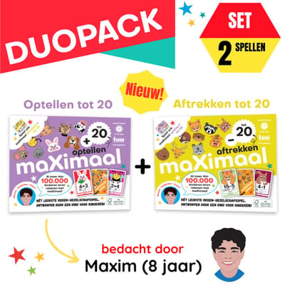 maXimaal combiset 2 spellen: Optellen en Aftrekken tot 20 | Kaartspel | Optellen tot 20, aftrekken tot 20, rekenen wordt kinderspel | bedenker: Maxim 8 jaar | vanaf 5 jaar | 2 tot 6 spelers | Bonus: oefenkaarten en getalbeelden