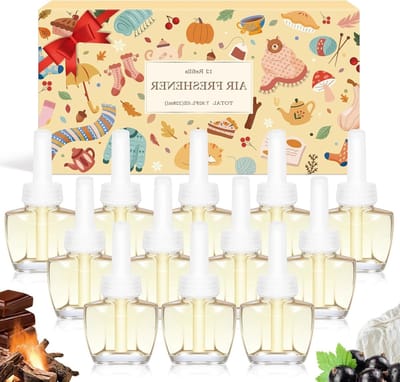 Vul je geurverspreider aan met 12 x 18 ml geurige oliën: Zwarte Bessen, Woldeken, Warme Chocolade en Open Haard, voor een heerlijke sfeer in huis