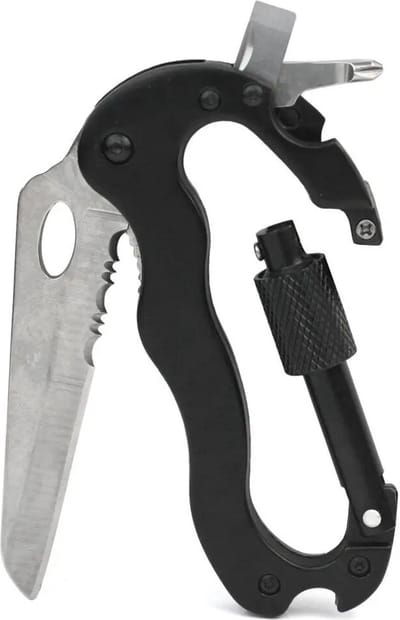 Multifuntionele Carabiner - 5-in-1 - Roestvrijstaal - Inclusief Musketonmes - Schroevendraaier - Bieropener - RVS - Gratis Verzending