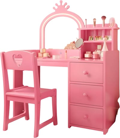 Kinder Kaptafelset - Voor Meisjeskamer - Princess Make-up Tafel met Stoel, Verlichte Drievoudig Opklapbare Spiegel - 3 Laden & Opbergplanken - Roze