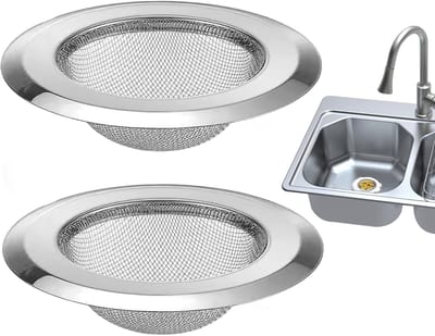 Kitchen Sink Drain Strainer, Large Wide Rim Sink Strainers, 2x Mesh Basket Food Catcher, Heavy Duty Filter for Kitchen, Bathroom Bathtub Wash Basin, Stainless Steel