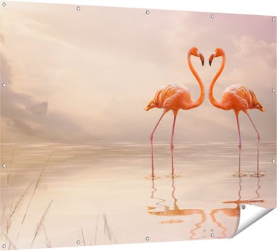 Gards Tuinposter Twee Flamingo's in een Hartjes Vorm - 160x120 cm - Tuindoek - Tuindecoratie - Wanddecoratie buiten - Tuinschilderij