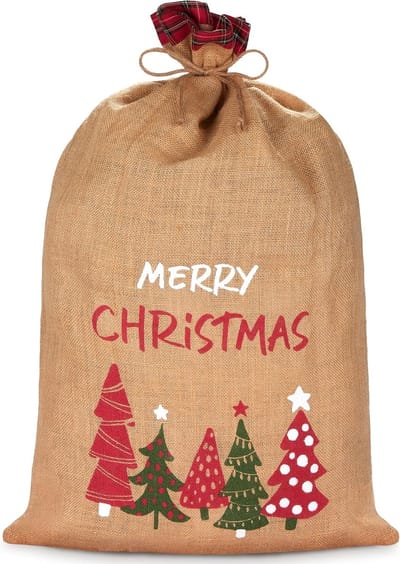 BRUBAKER Kerstzak Merry Christmas - 80 cm cadeauzak voor Kerstmis met kerstbomen - Sinterklaas zak van jute - zak met koord voor het verpakken van geschenken