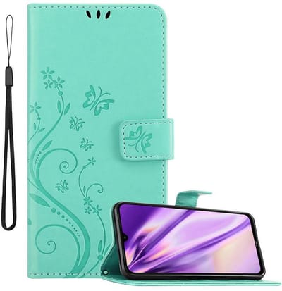Cadorabo Hoesje geschikt voor Xiaomi RedMi NOTE 8 in BLOEMEN TURKOOIS - Beschermhoes in bloemmotief met magnetische sluiting, standfunctie en kaartsleuven Book Case Cover Etui