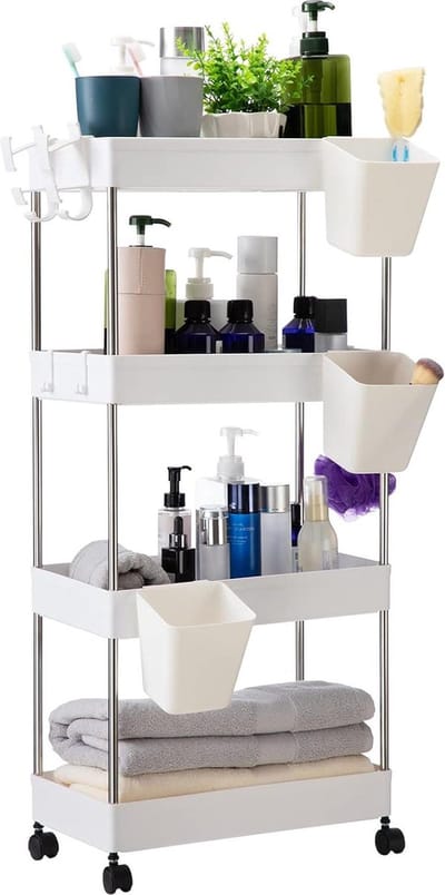 Opbergkar met wielen - 4-laags rollende kar - hangende bekers - multifunctioneel opbergrek - keuken badkamer - wit